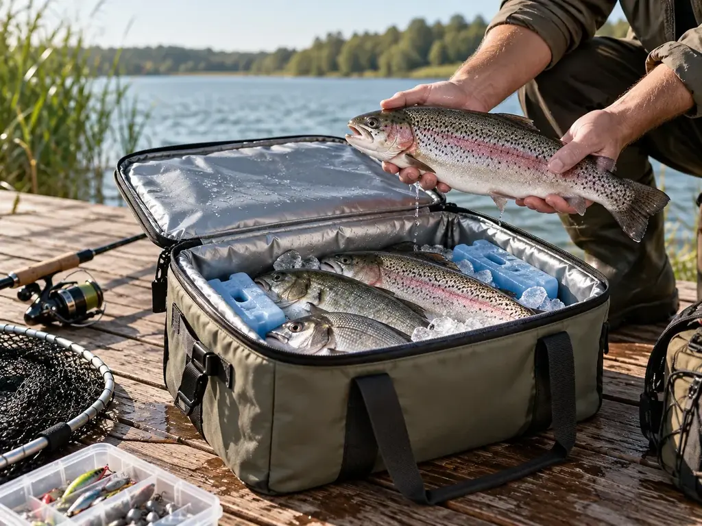 Frischer Fang wird direkt am Wasser in eine Kühlbox gelegt
