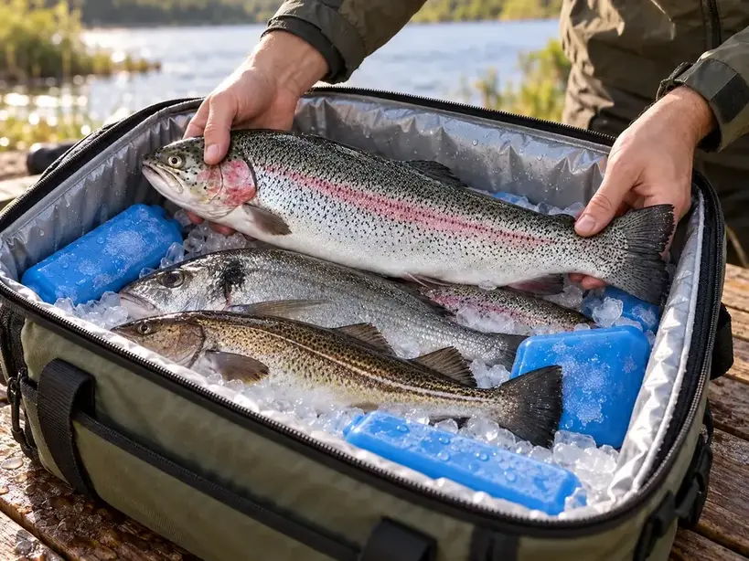 Fisch wird mit Kühlelementen in eine weiche Kühlbox gelegt